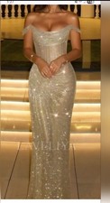 Off the Shoulder Glitter Long Prom Dress Mermaid Pearls Beaded Prom Party