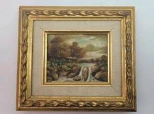 Antique Miniature Landscape Oil Painting "Waterfall" Gold Frame Signed Damian 