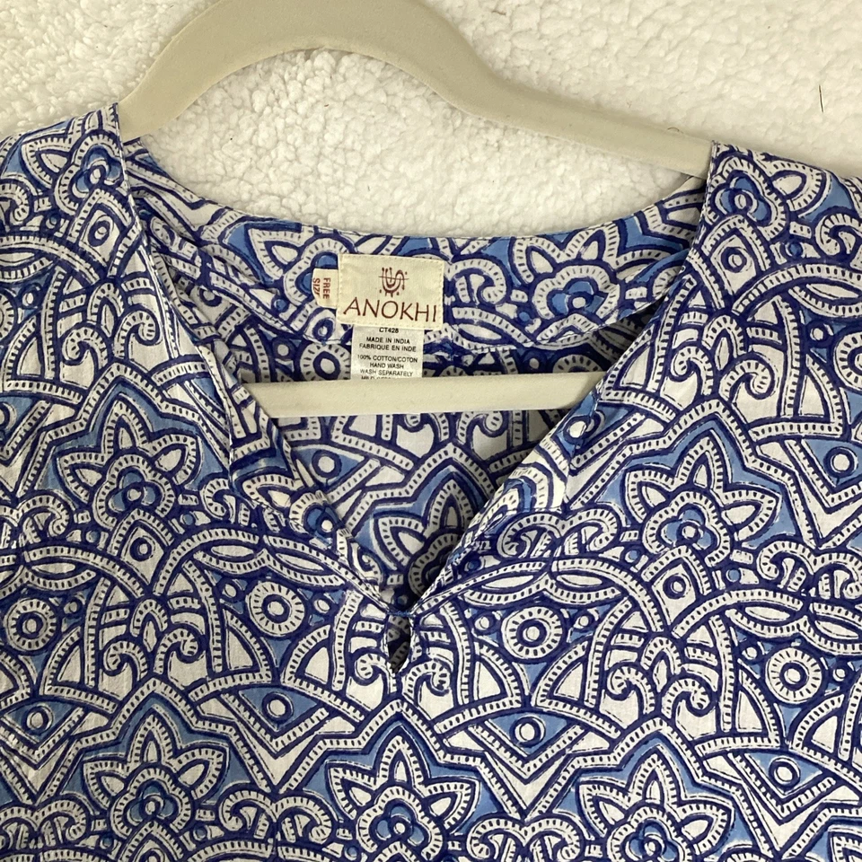 Anokhi Mujer Blanco Azul Estampado 100% Algodón Caftán Playa Cubrir Piscina Foto 2 de 4