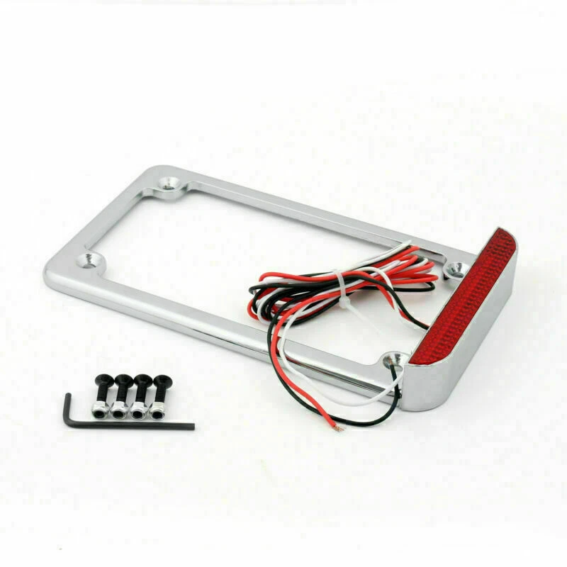 Universal Motorcycle 3" LED License Plate Frame With LED Tail Brake Light Chrome Foto 2 de 4