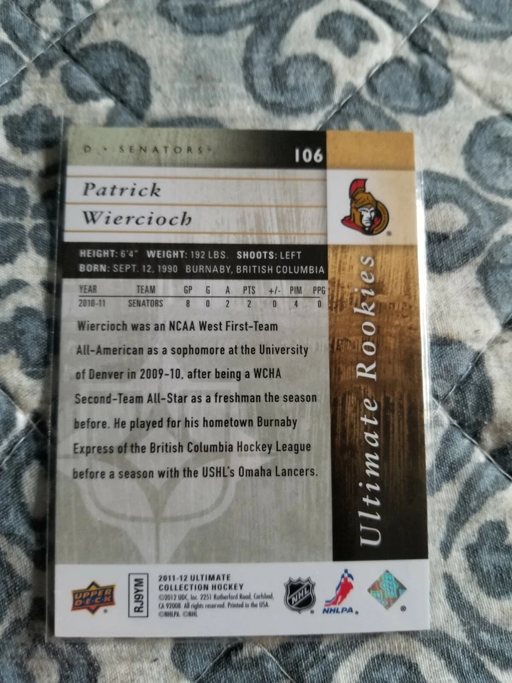 2011-2012 Ultimate Collection Hockey Ultimate Rookies Patrick Wiercioch 391/399 - Image 2 of 2