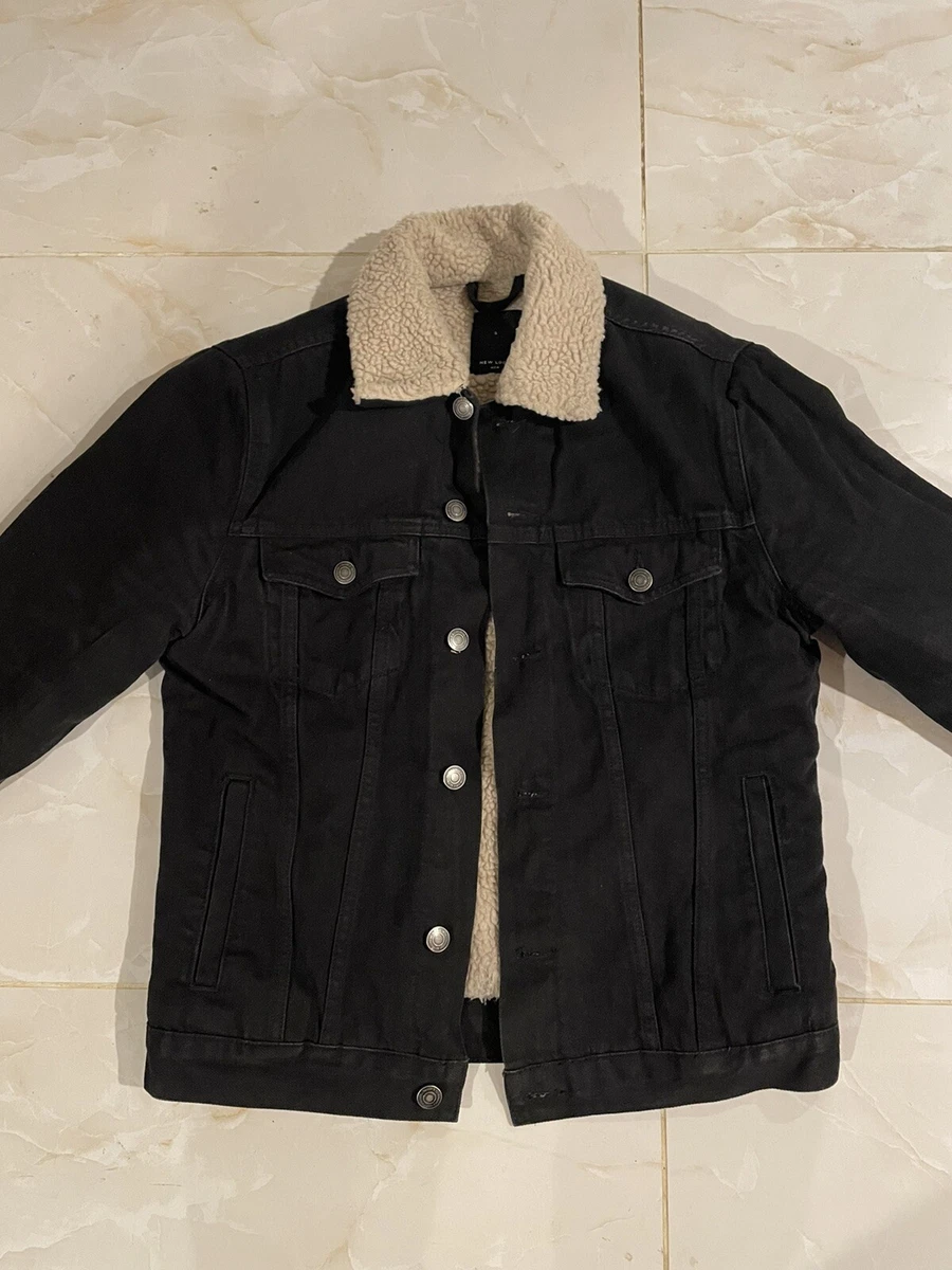 Mens denim jacket with fur black sale