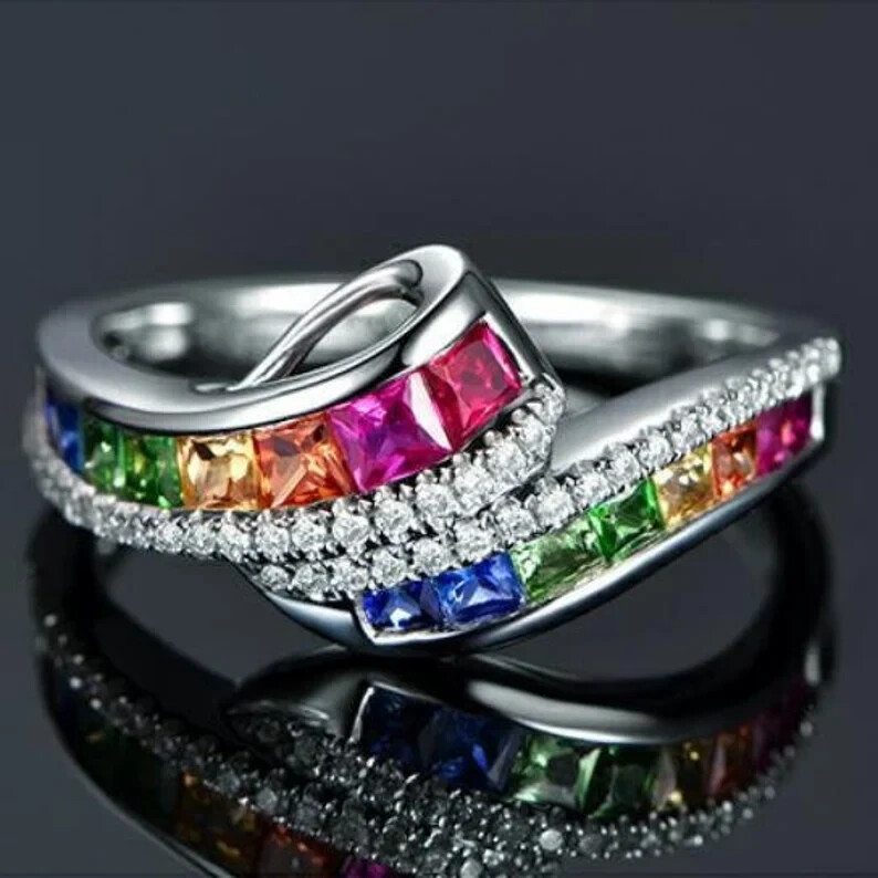 925 Silver Plated Proposal Ring 2.5 CT CZ Rain Bow Style Ring For Valentine Gift