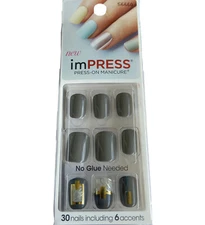 NEW Kiss Nails Impress Press On Manicure Short Gel Dark Grey Gold Silver Marble