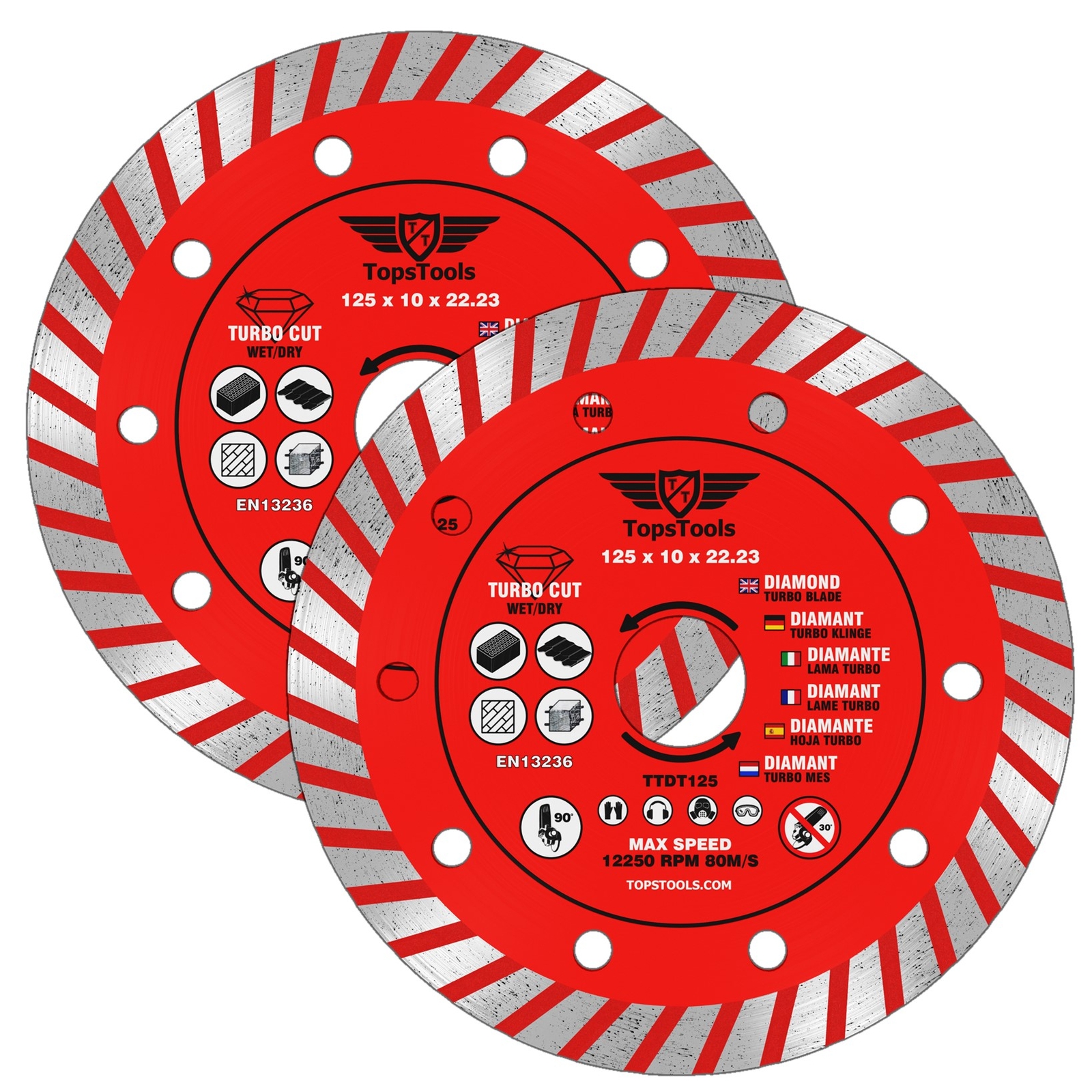2 x Diamond Angle Grinder Turbo Brick Concrete Cutting Discs TopsTools 125mm 5""