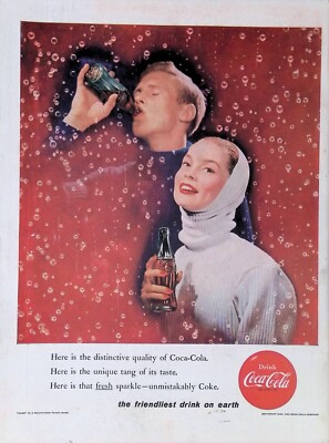 Print Ad 1950's Coca Cola Couple Drinking Coke Bottles Bubbles Coke