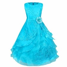 Girls Embroidered Wedding Party Bridesmaid Princess Gown Dress Blue 3-4