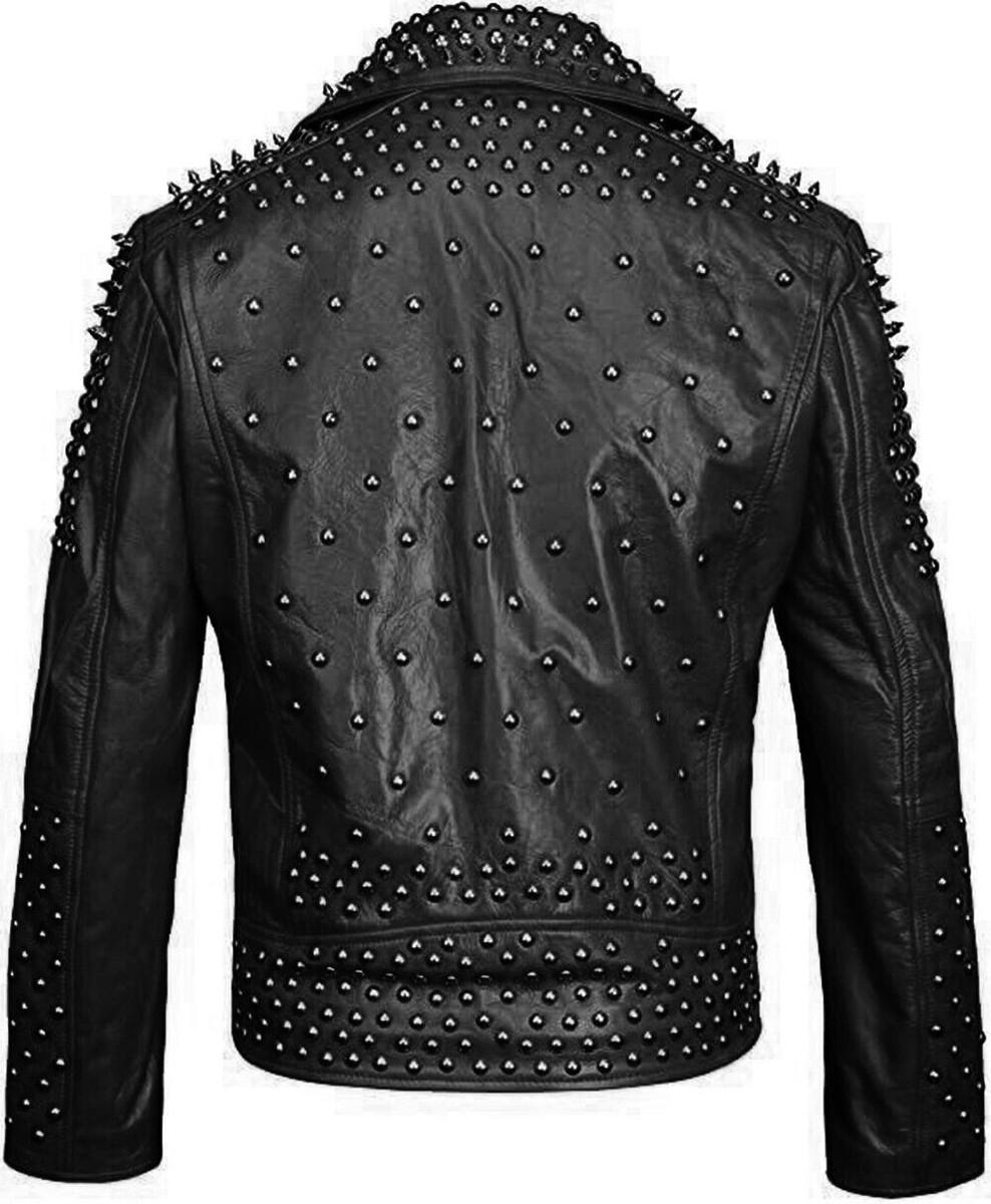 Men Leather Jacket Punk Studded Brando Motorcycle Genuine