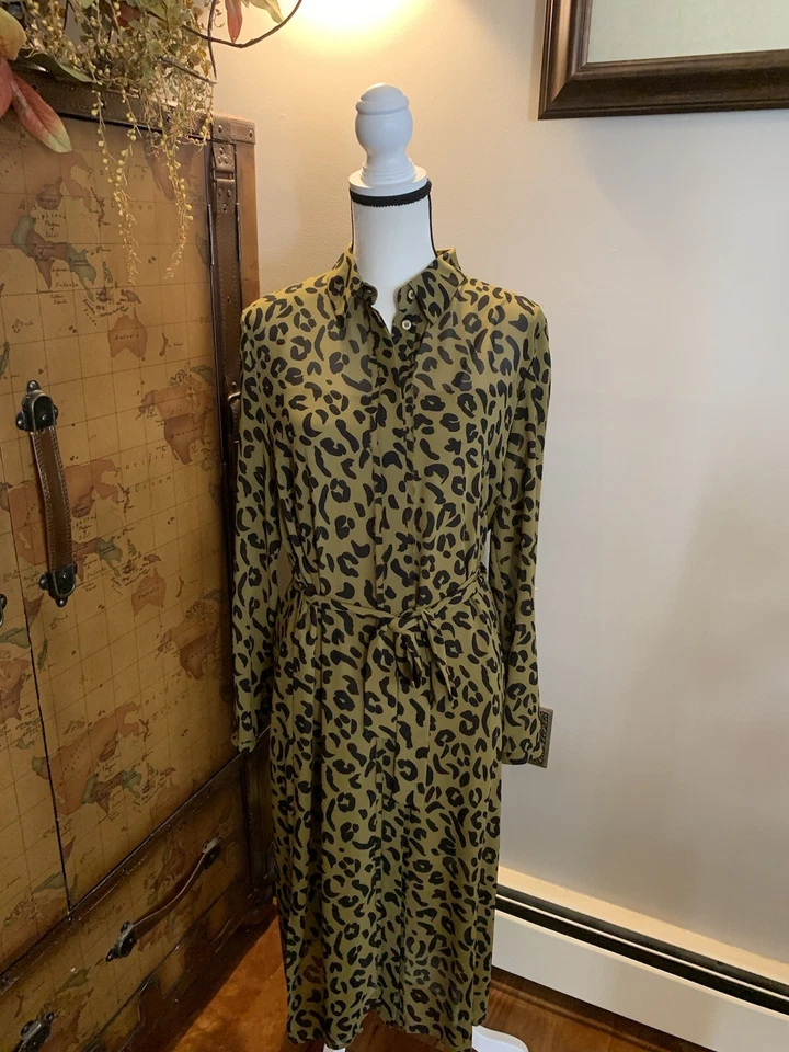 Escada Sport Lined Dress Women 40 Green Leopard Animal Button Belted Long Sleeve - Image 4 of 4