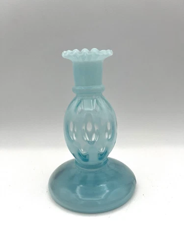 Fenton Vintage Blue Opalescent Coin Dot Candlestick Holder/Bud Vase 6” Tall