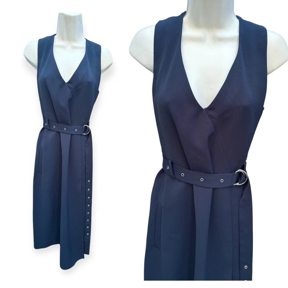 Nuevo $595 Vestido Tibi Midi Envolvente Talla Mediana 6 Azul Sin Mangas Cuello en V Cinturón Foto 2 de 4