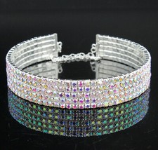 5-Row White AB Austrian Rhinestone Crystal Choker Necklace Party Silver N060AB