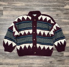 Vintage Tejidos Ecuador Hand Knit Aztec Pattern Heavy Wool Cardigan Sweater