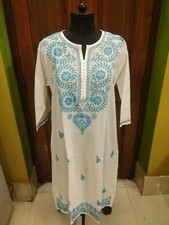 LONG M 2XL HANDMADE KURTI CHIKAN EMBROIDERY 100 COTTON ETHNIC KURTA TOP TUNIC