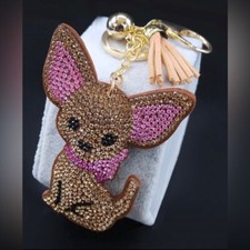 Chihuahua rhinestone bag charm / keychain- brown pink