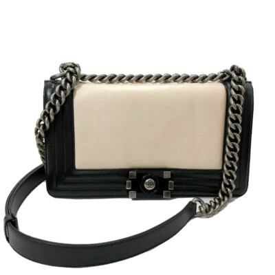 CHANEL VTG Black Beige Leather Medium Le Boy CC Logo Chain