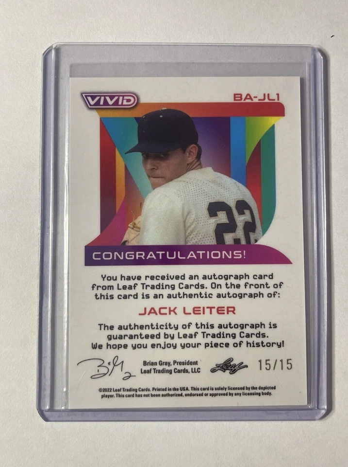 2022 Leaf Vivid Base Green Auto JACK LEITER 15/15 - Image 2 of 2