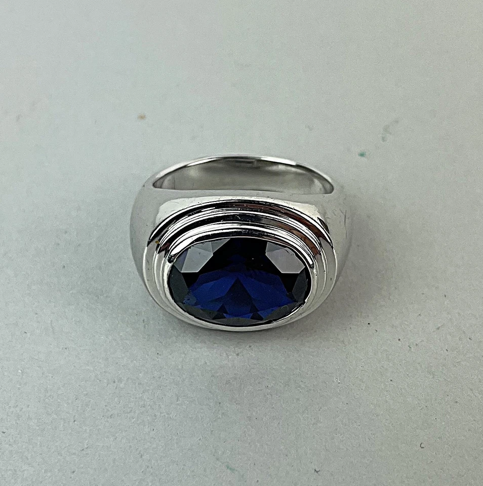 UNISEX Faceted blue sapphire simulated stainless steel silver Ring 9 - Image 2 of 4