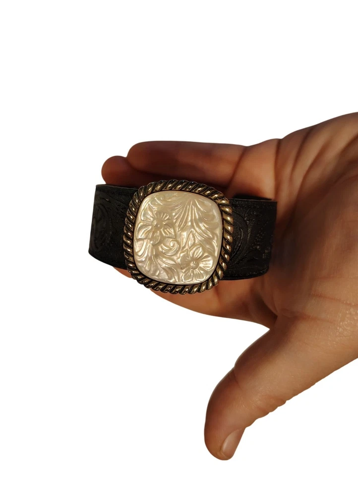 Brazalete Carolyn Pollack Relios Plata Esterlina Floral MOP Cuero Negro Foto 4 de 4