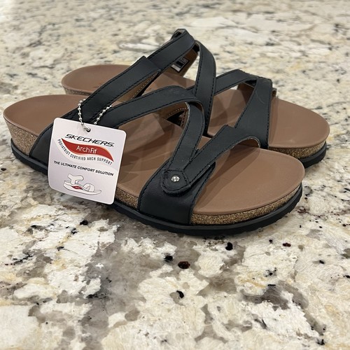 Neu mit Etikett Skechers Arch Fit bequeme Damen-Sandalen Größe 6 schwarz Leder Korkschuhe