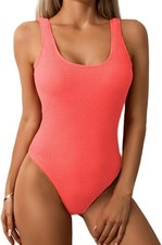 L Women's One Piece Swimsuit - Ribbed Scoop Neck Low Back Monokini