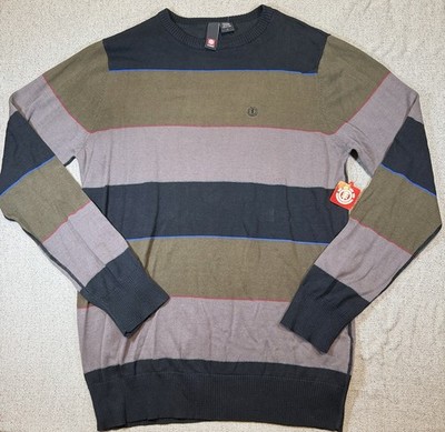NWT Element Mens XL Striped Crewneck Sweater Skateboard Black Olive Gray Cotton