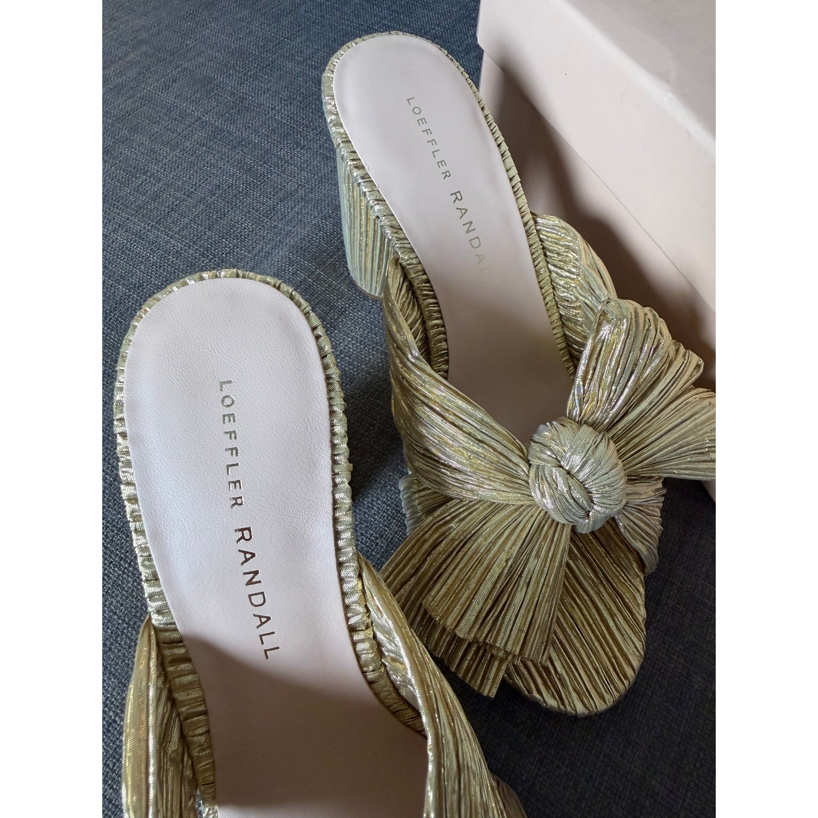 New Loeffler Randall Penny Gold Pleated Knotted Bow Heeled Mules Sandals Size 6 image 9