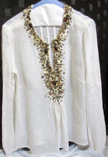 Lafayette 148 NY Stunning White Linen Tunic LS Embellished w/Shells SZ 4 NWOT