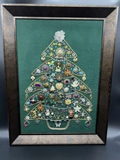 Vtg MCM Costume Jewelry Folk Art Christmas Tree Mosaic Huge Framed Collage 19x26