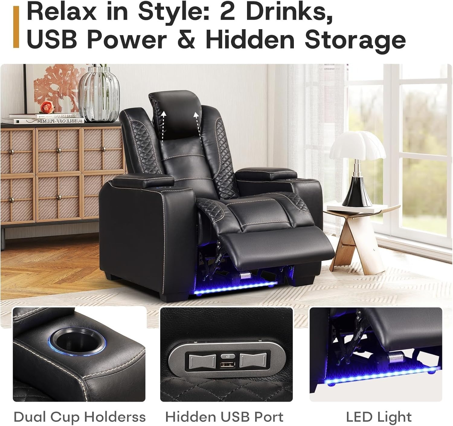 CAMOV Power Home Theater PU Electric Recliner, Dual Motors, LED, USB, Cup Hold