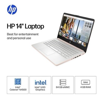 HP 14-dq0054dx 14'' (64GB eMMC, Intel Celeron N, 2.60GHz, 4GB) Laptop - Rose Gold