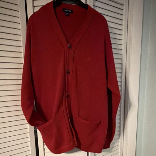 Nautica Men's Red Cotton Cardigan Sweater L Button Logo Shawl Collar Knit