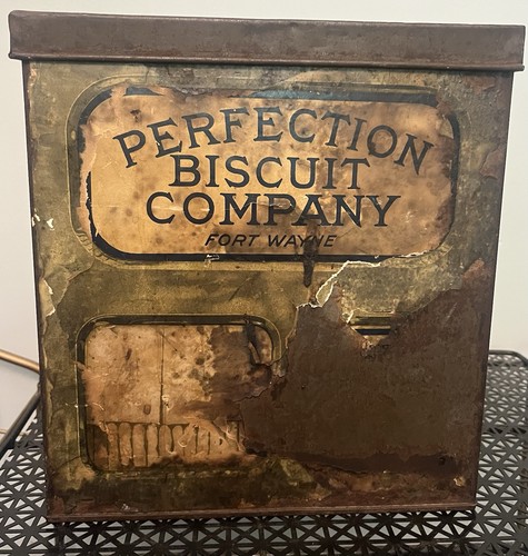 Antique Metal Biscuit Tin Box Antique Perfection Fort Wayne Indiana Vintage