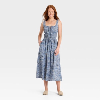 Women's Cotton Midi Pullover Sundress - Universal Thread Blue Floral L