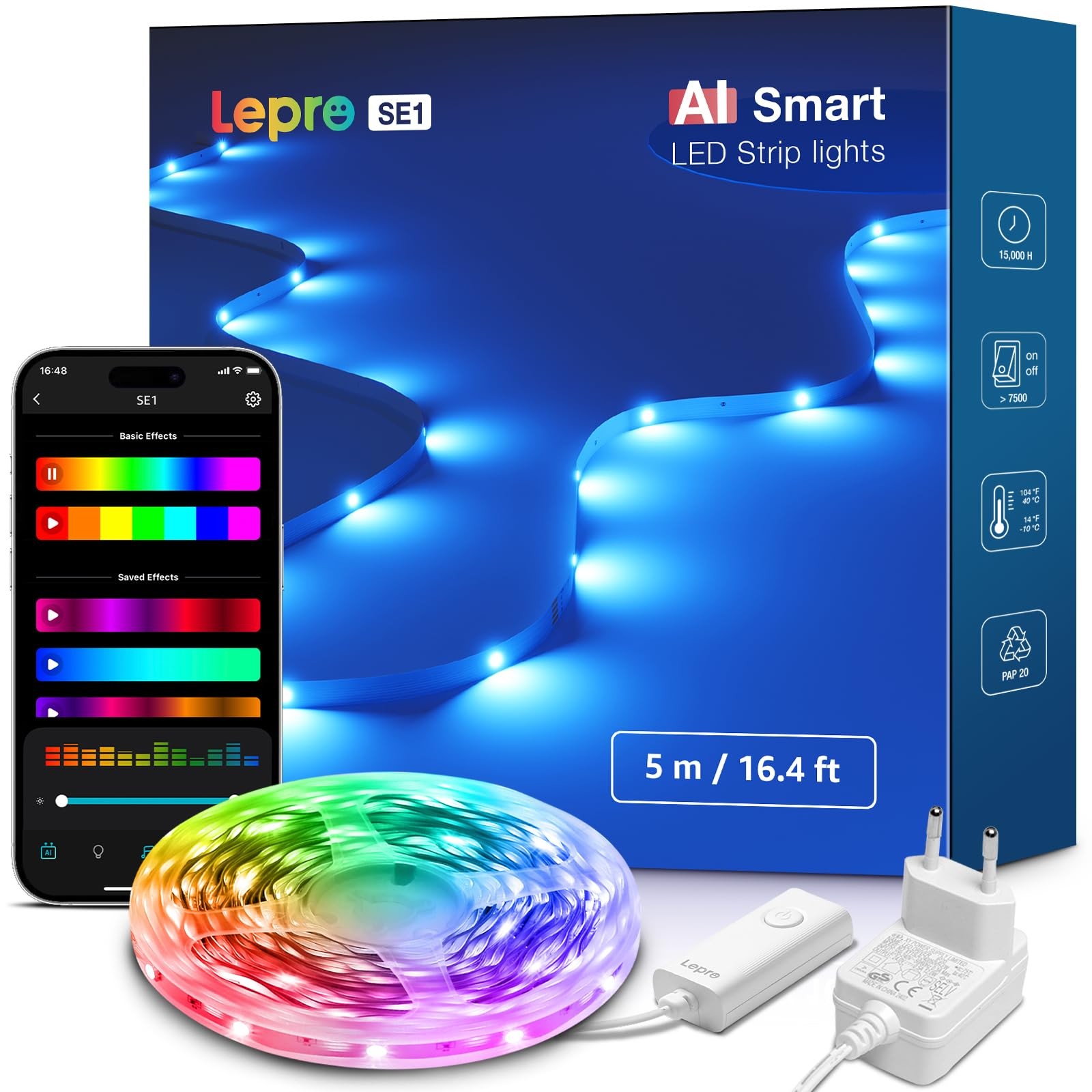 Ruban LED RGB Connectée 5M avec gestion intelligente SE1 IA et éclairage sur mesure