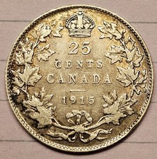 1915 Canada 25 Cents Silver Quarter George V Key Date XF + EF + Superb Quality! 