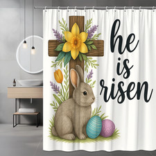 Easter Shower Curtain with Bunny and Floral Design, He is Risen