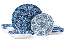 Porcelain Dinnerware Sets Service for 4, 12 pcs Hand drawn Plates and Bowls S...