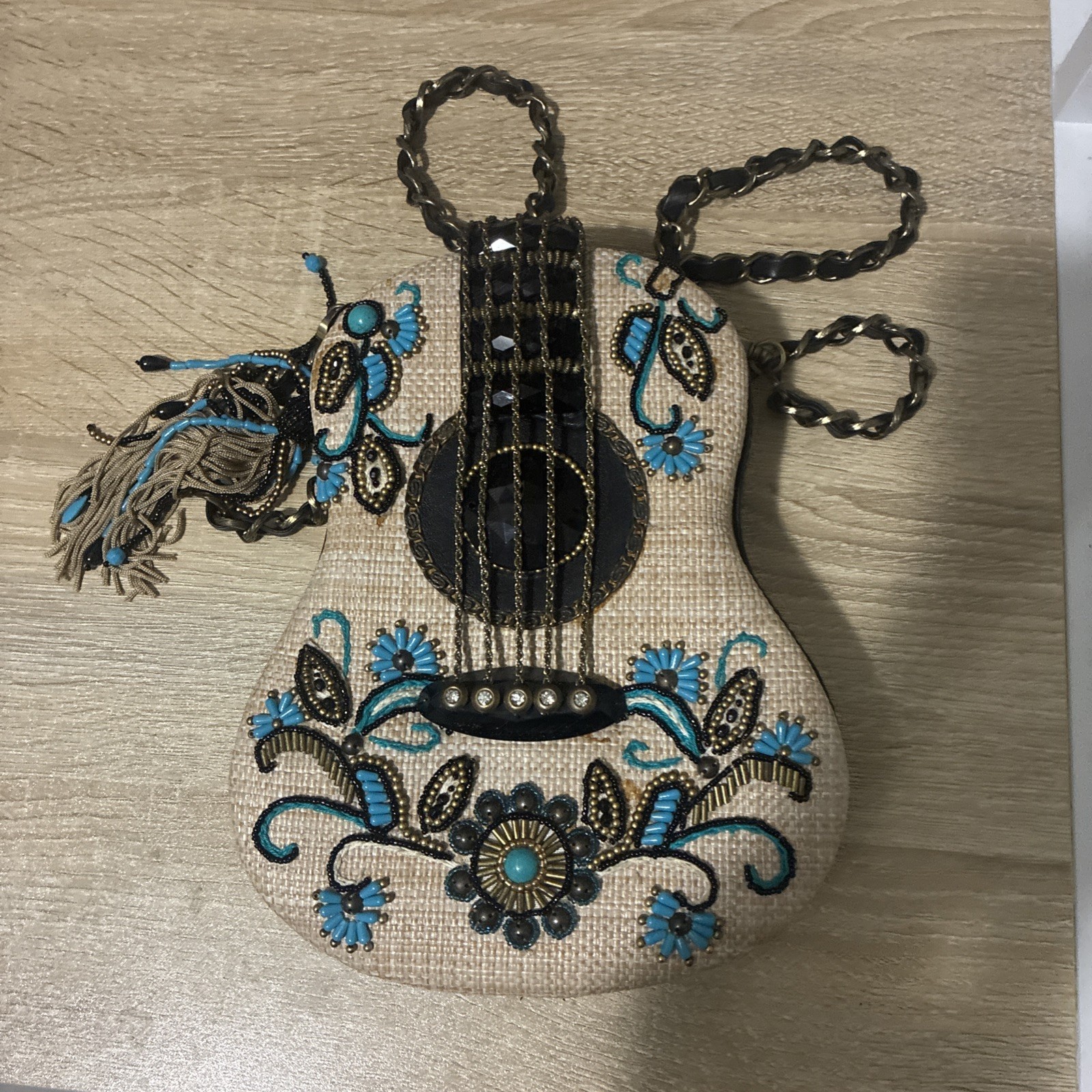 Mary Frances Unplugged Cream Woven and NWT Turquoise Beaded Guitar Bag *RARE