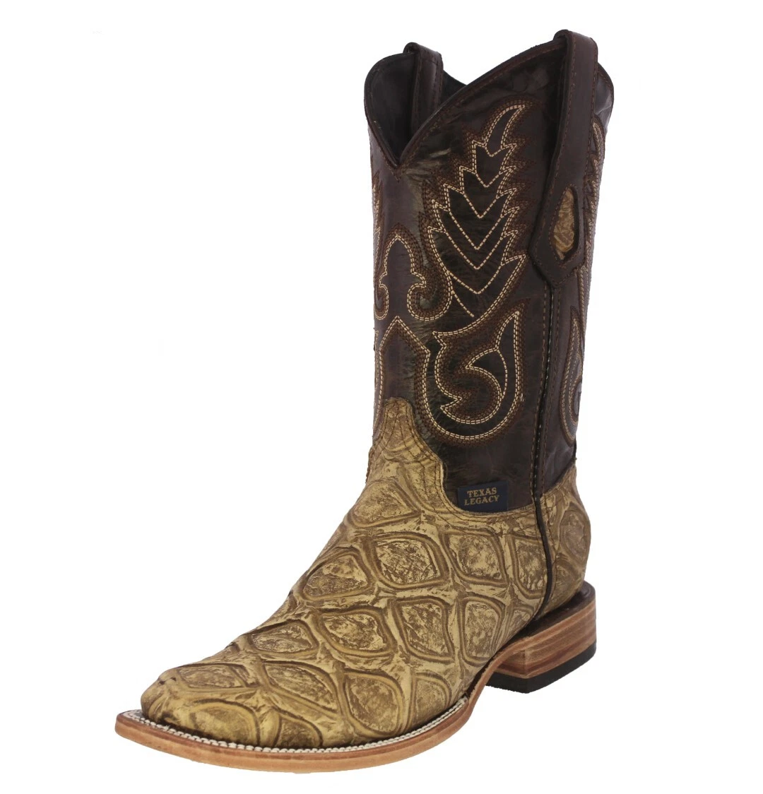 Mens Sand Cowboy Boots Pirarucu Fish Print Leather Western Dress Square Rodeo