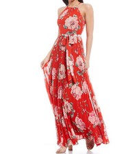 Eliza J Floral Pleated Halter Neck Sleeveless Chiffon Maxi Dress Size 4