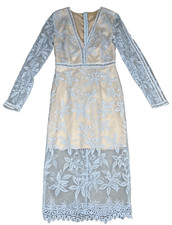 Love Triangle Midi Dress Sz 6 Ice Blue Lace Stretch Bodycon Winter Wedding Sheer