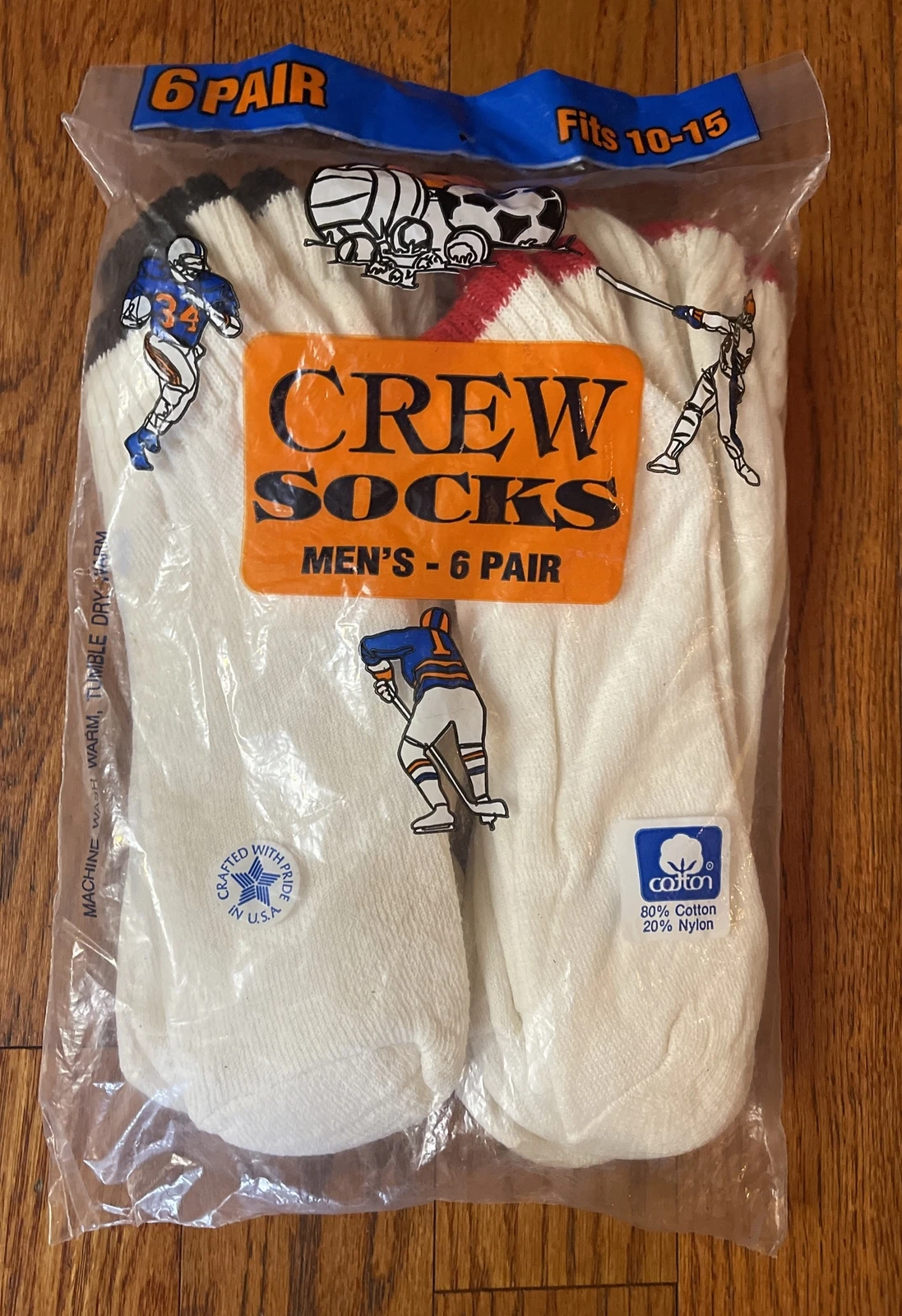 New Sealed VTG Men’s Crew Ankle Socks Striped Red Black 6 Pair Made In USA 10-15