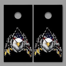 Bald Eagle Tear Rip Black American Flag Cornhole Decal Wraps