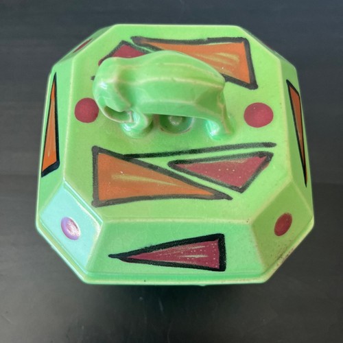 Green Art Deco Ceramic Powder Jar Elephant Knob Vintage 30s Trinket Jewelry Box - Picture 2 of 7
