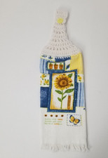 HANGING KITCHEN TOWEL WHITE CROCHETED TOP: Sunflower Blue Yellow Button