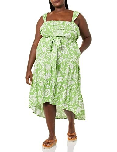 Goodthreads Women's Fluid Twill Vacation Ruffle Maxi Dress, Green White Floral - Picture 4 of 6