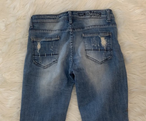 Vaqueros ajustados a máquina talla 5 denim azul rasgado en dificultades - Imagen 10 de 13