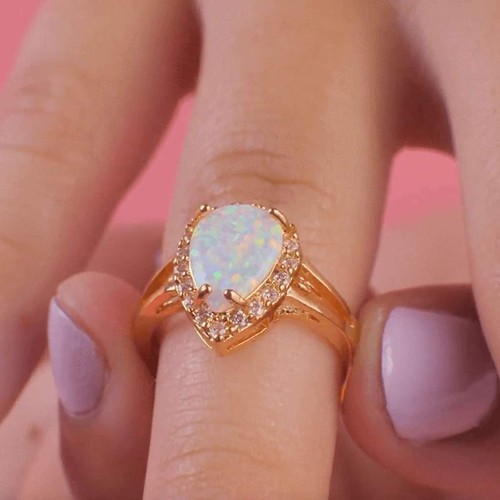 2 Ct Pear Cut Simulated Fire Opal Halo Engagement Band Ring 14k Rose Gold Finish - Picture 6 of 11