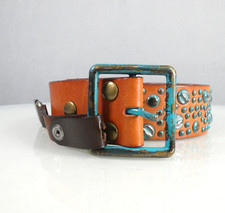 Studded Belt Bohemian Biker Real Leather Tan Patina Jeans Dess size  S BED STU